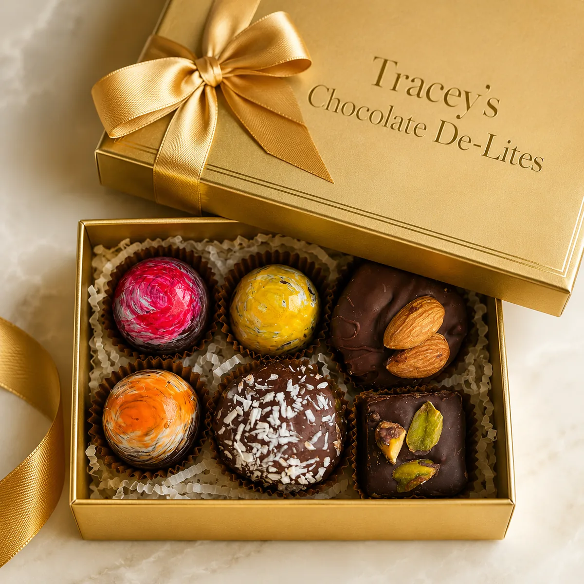 An open Tasting Collection box with six De-⁠Lites and a gold ribbon