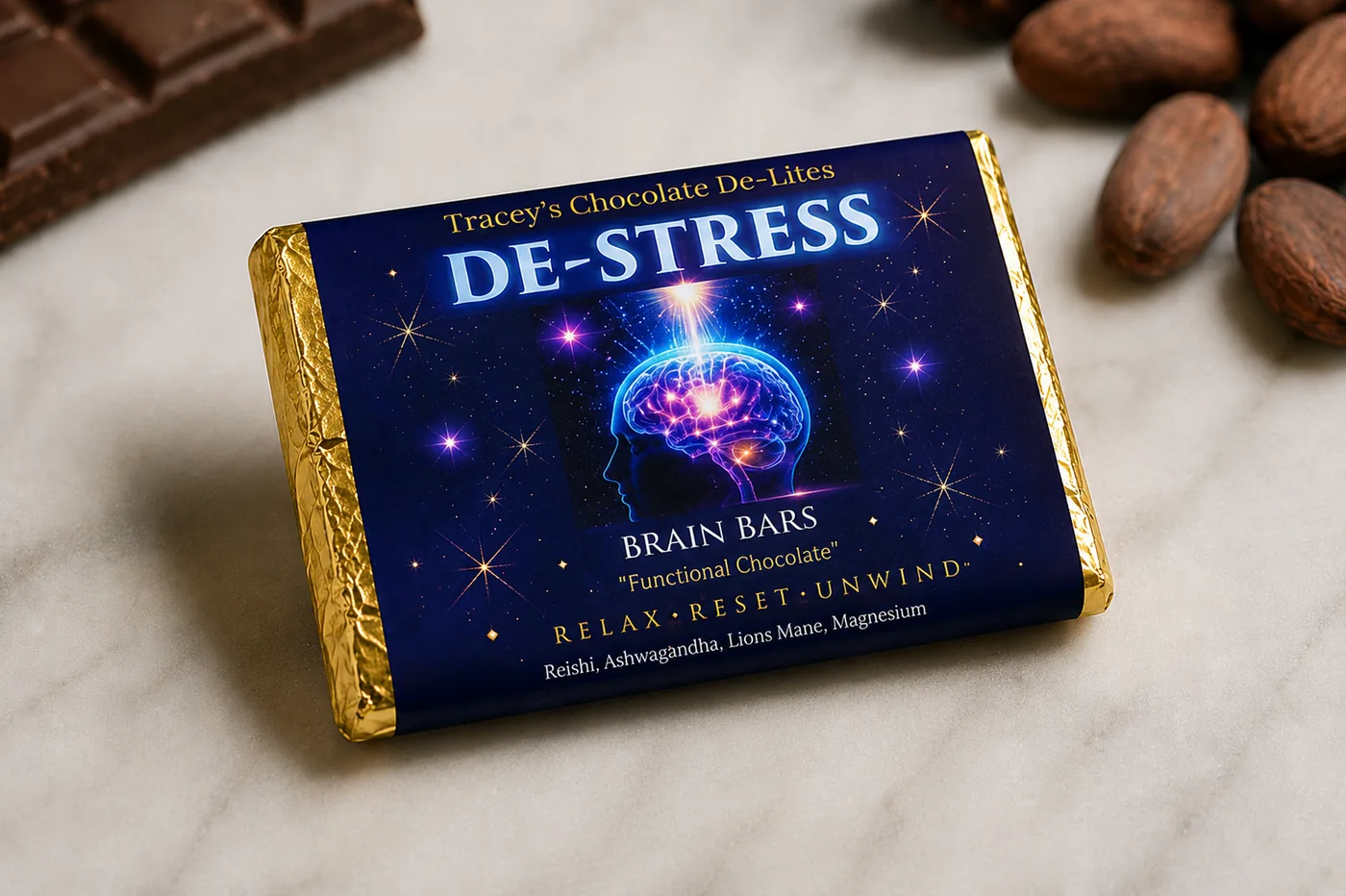 De-Stress Brain Bar in its gold wrapper