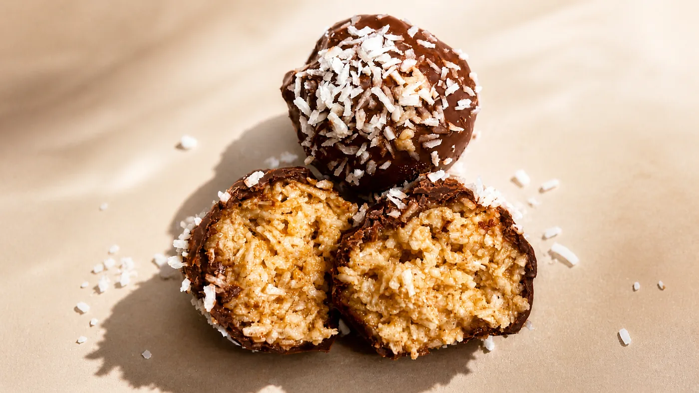 Coconut De-⁠Lites, one cut open to show the filling